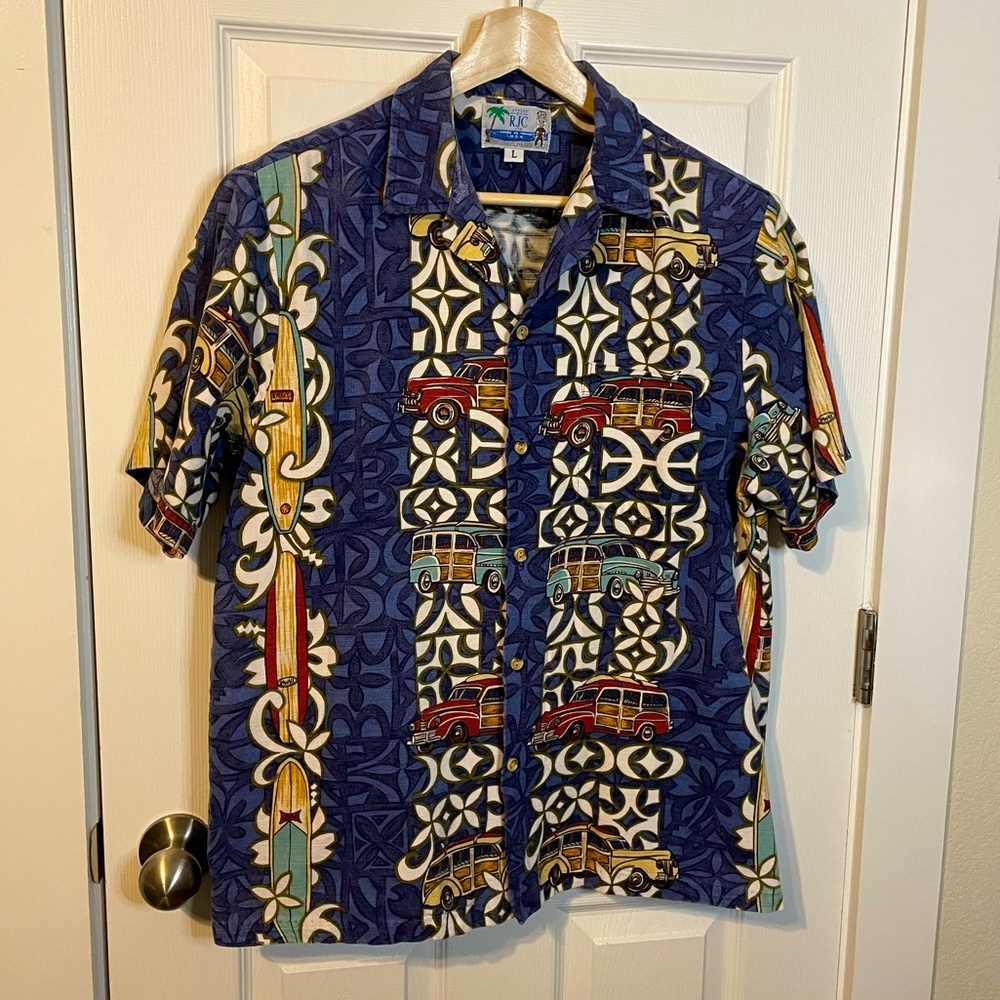 RJC Ltd Hawaiian short sleeve button down shirt w/ woodies & surf boards sz L